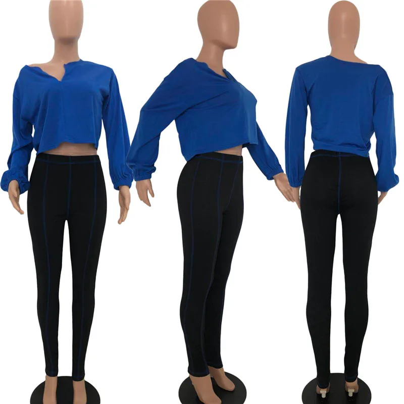 

Outfits for Women Matching Sets Sexy Deep V Neck Dew Shoulder Tops 2 Piece Set Jogger Stretch Sweat Suits Wholesale Dropshipping