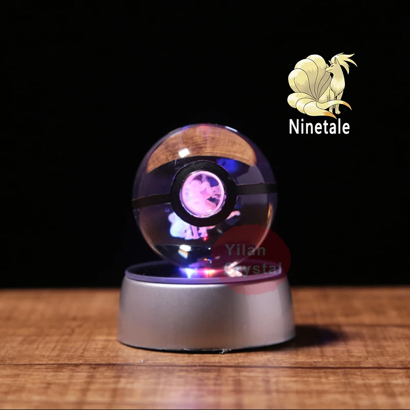 Anime Pokemon 3D Crystal Ball Ninetales Figure Pokeball Engraving Crystal Model with LED Light Base Kids Gift ANIME GIFT