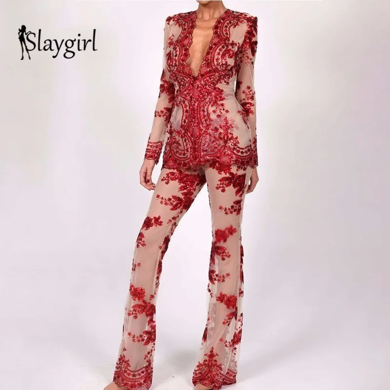 Slaygirl, расшитый блестками сексуальный комплект из двух предметов для женщин, осень, длинный рукав, v-образный вырез, черный, красный, повседневный комплект из 2 предметов, штаны, спортивный костюм, наряды