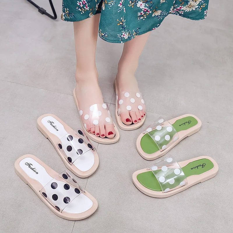 

comemore 2021 Summer Women Shoes Sweet Cutewomen Transparent Sandals Open Toe Flat Woman Flip Flop Bathroom Female Dots Slippers