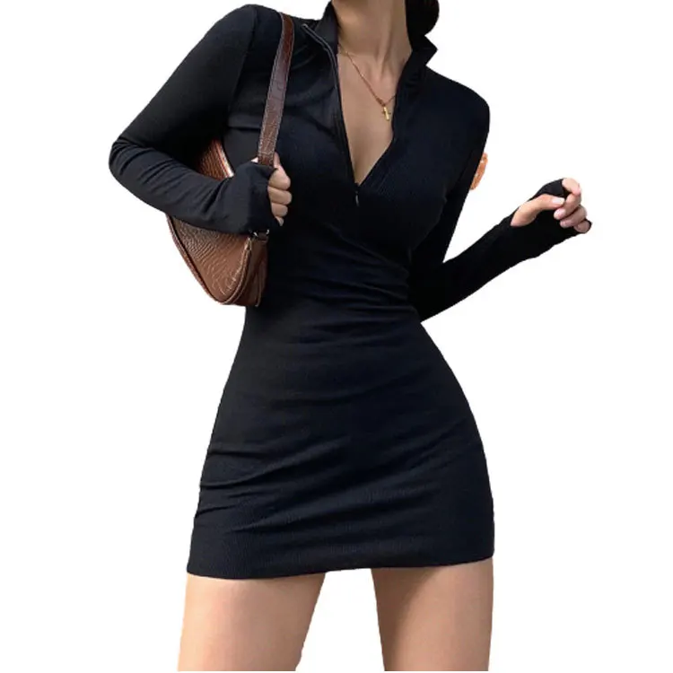 

Macheda Autumn Winter Stretch Slim Soft Ribbed Knitted Turtleneck Dress Woman 2021 Fashion Solid Black Casual Bodycon Zip Dress