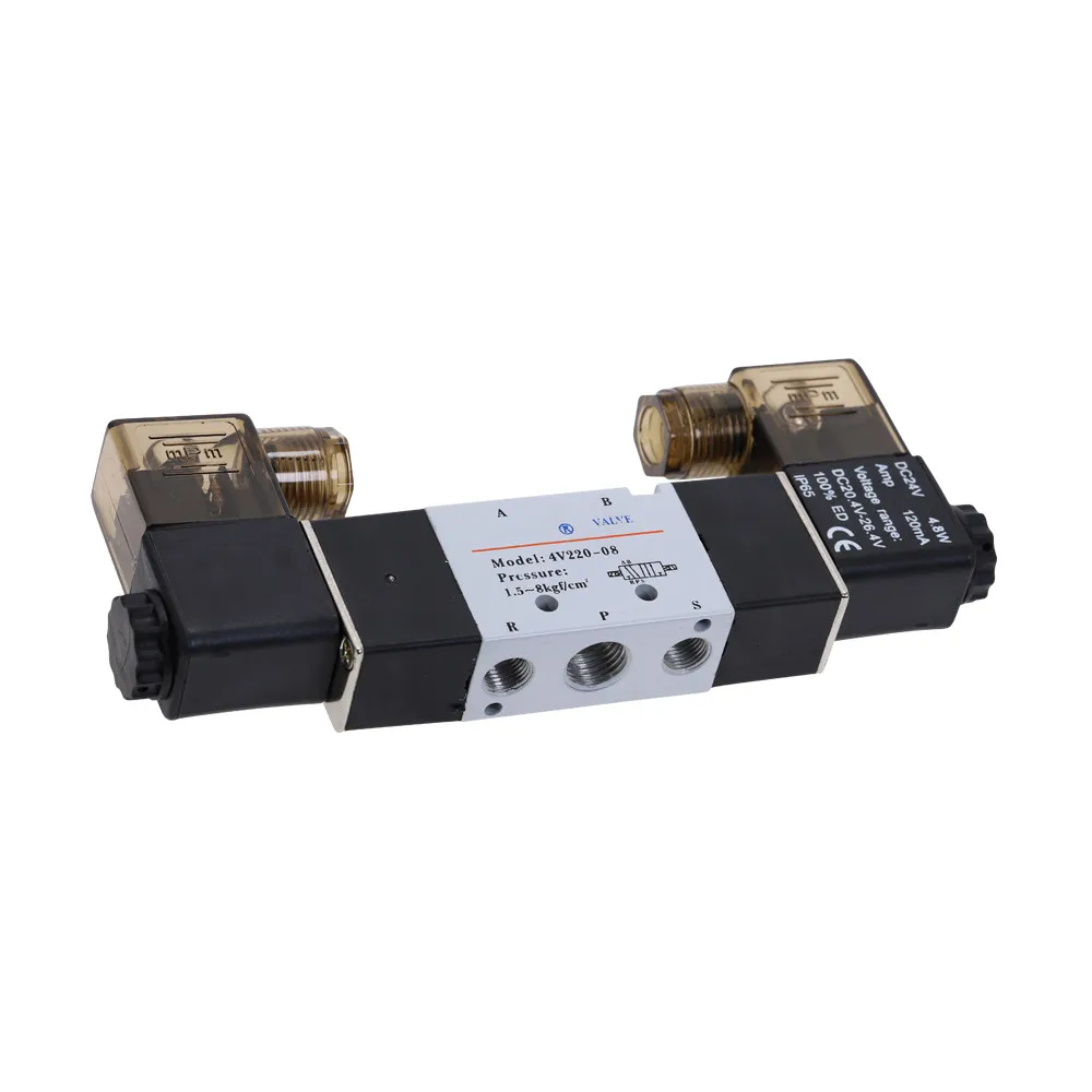 4V220-08 Air Pneumatic Solenoid Valve 5 way 2 Position 1/4" Aluminum Alloy Internal E 12VDC 24VDC 110VAC 220VAC 0.15-0.8Mpa |