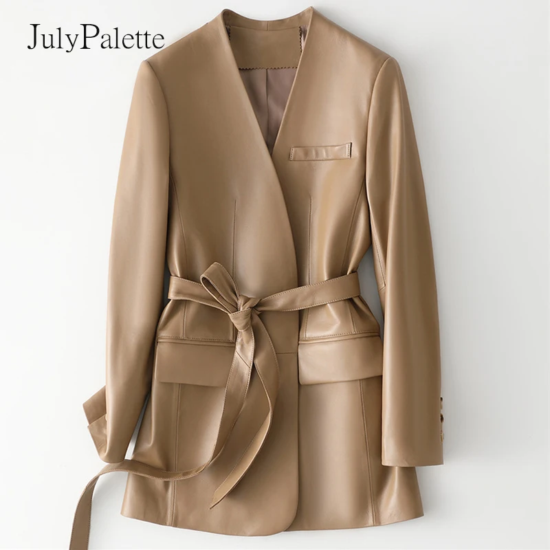 Julypalette 100% giacche in vera pelle di montone 2022 giacche in vera pelle con scollo a v primavera con cintura Chic cappotti cachi da donna