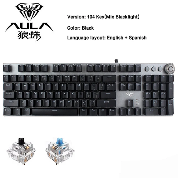 AULA механическая клавиатура черный синий переключатель 104 светодиодный компьютерный геймер макро вращающиеся игровые клавиатуры Русский Иврит Арабский испанский - Цвет: English Spanish