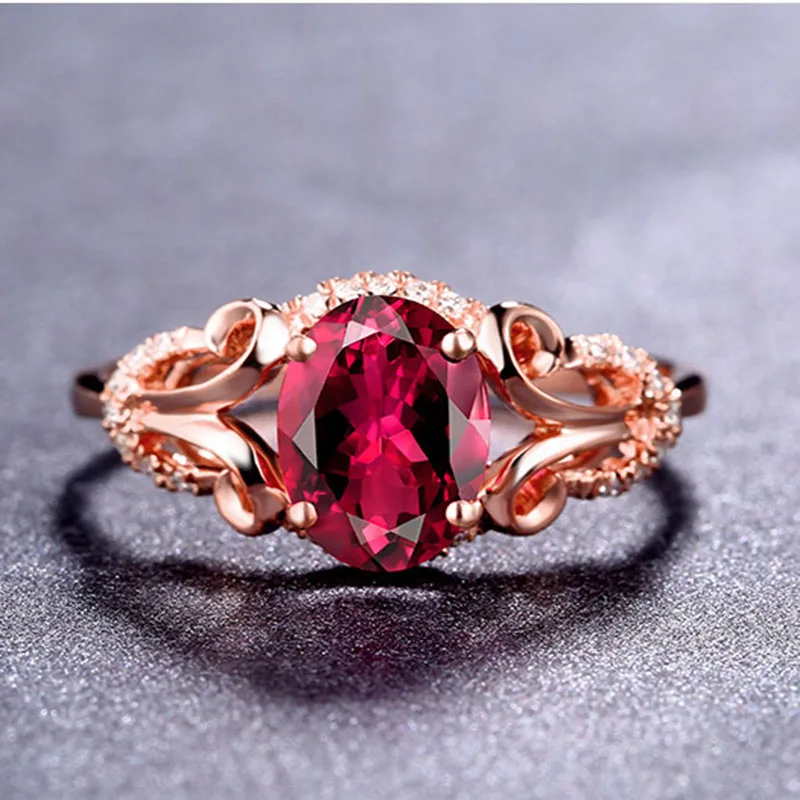 

New Silver Elegant High-end Temperament Hollow Petal Zircon Simulation Pigeon Blood Red Tourmaline Adjustable Ring Women Jewelry