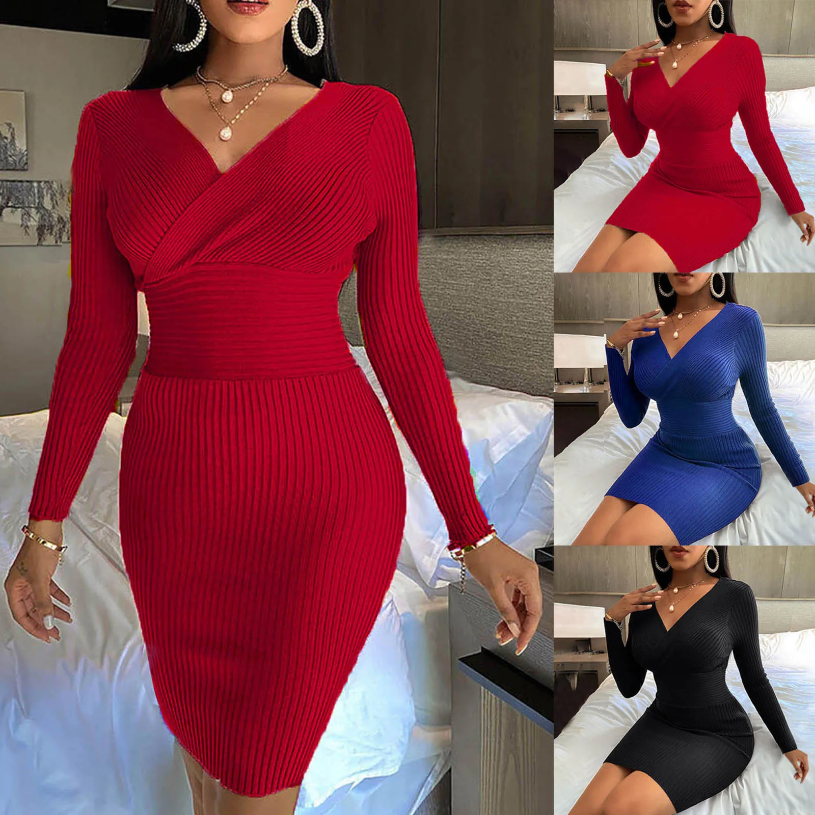 

NEW Dresses Dress Women Sexy Dress V-Neck Solid Draw Back Long Sleeve Buttocks Dress woman dress dress red