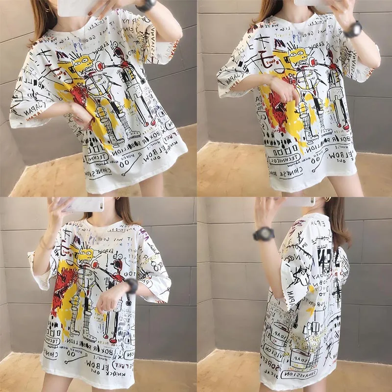 

Summer Loose Round Neck Student Cute Cartoon Graffiti Mid-length Short-sleeved T-shirt For Women Fashion Clothing