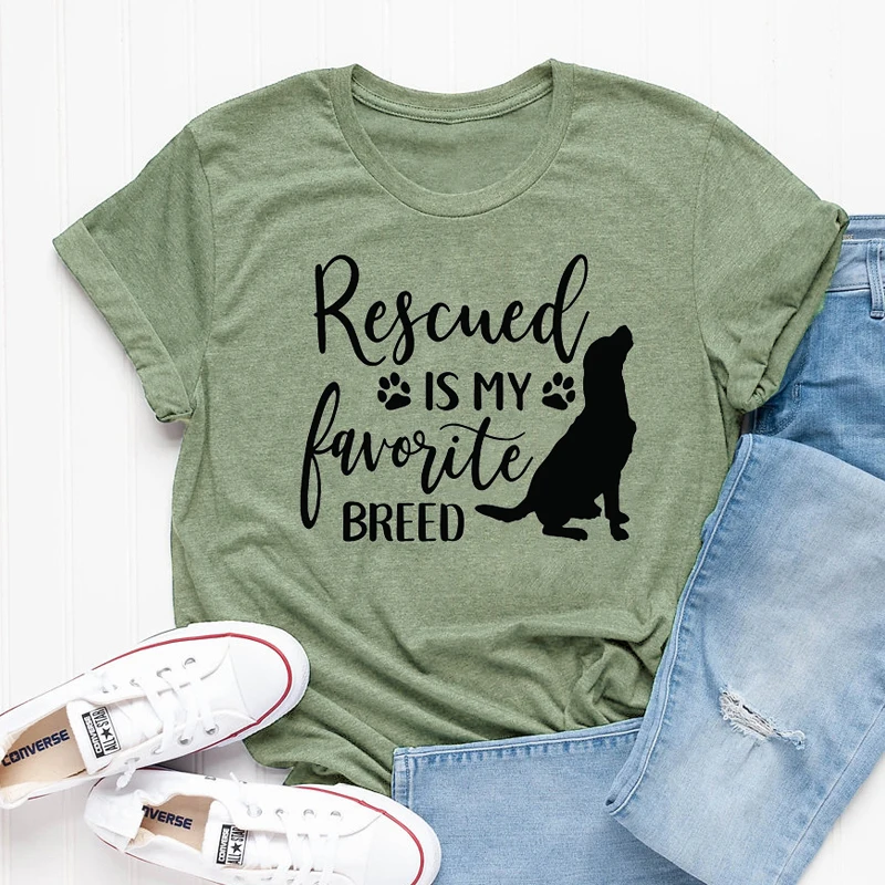 

Rescued Is My Favorite Breed Fashion Dog Mom Shirt Letter Print Graphic Tees Cotton Women Tshirt O Neck Short Sleeve Mama Tops