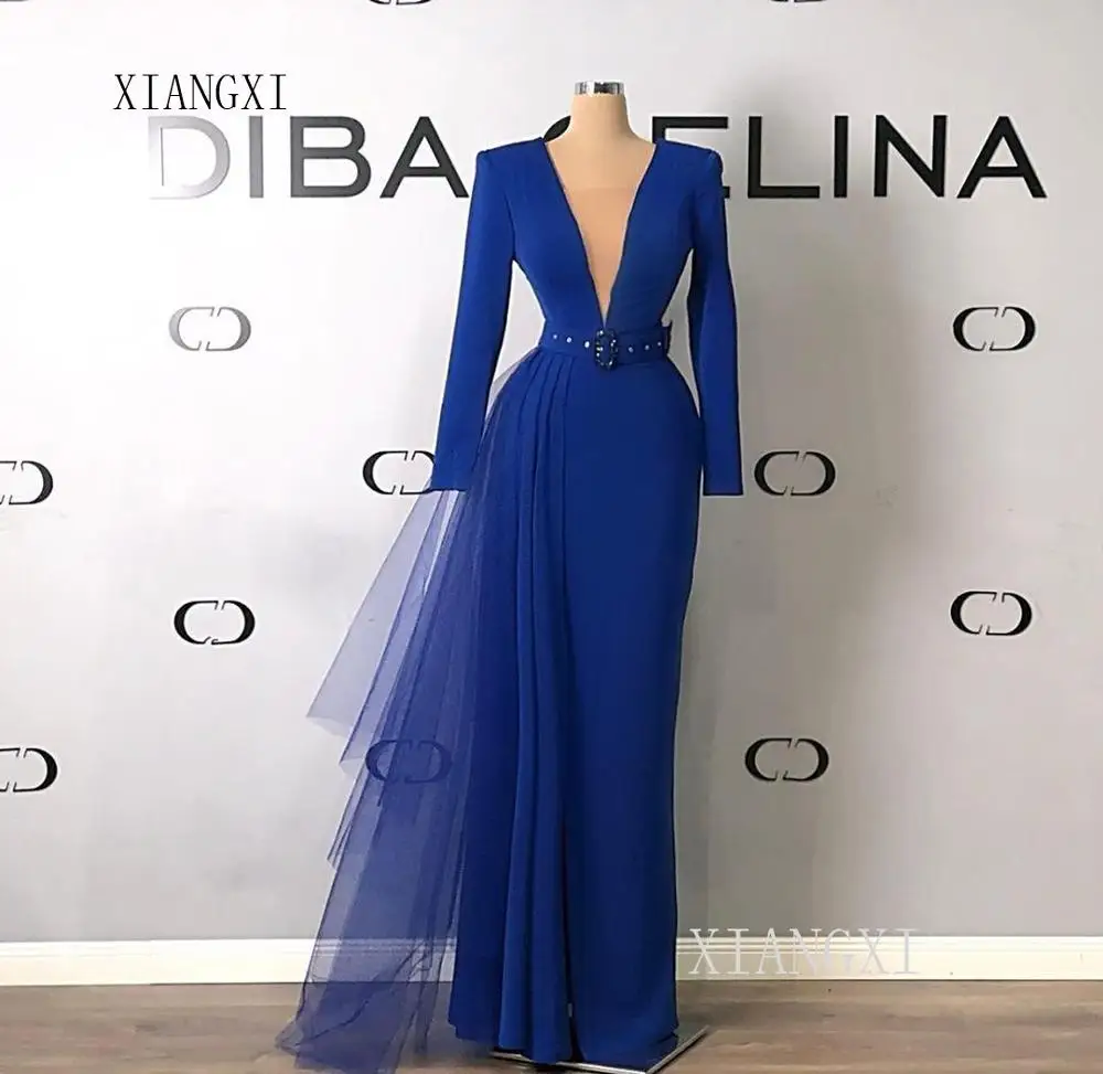

Vestidos Blue Mermaid Evening Dresses Long Deep V-Neck Full Sleeves Tulle Belt Floor Length Formal Evening Dress Party Gowns