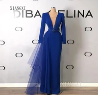 vestidos blue mermaid evening dresses long deep v neck full sleeves tulle belt floor length formal evening dress party gowns
