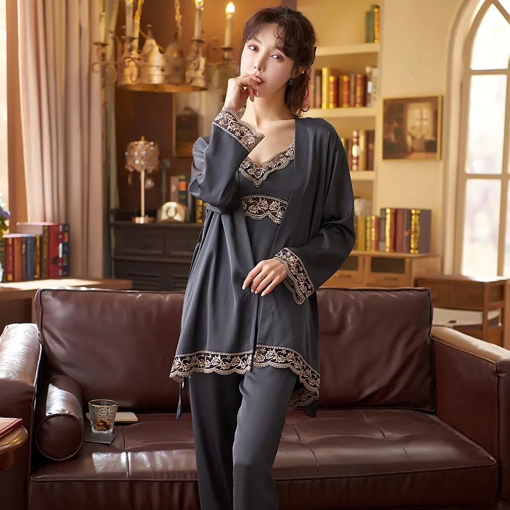 

Sexy Hollow Out Pajamas Set Women Satin 3PCS Sleepwear Spring Autumn Sleep Suit Femme Kimono Gown Casual Sleep Set Home Wear