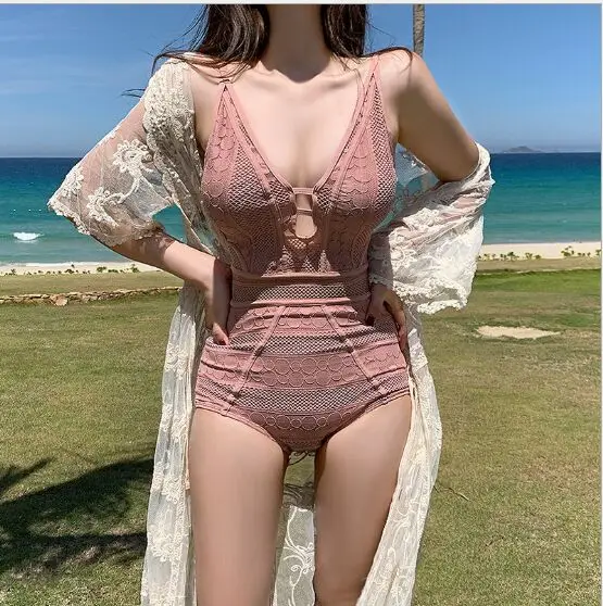 

New Black \ Pink Mesh One Piece Thick Swimsuit One Piece Women Swimsuit Hollow Out High Quality Swimsuit