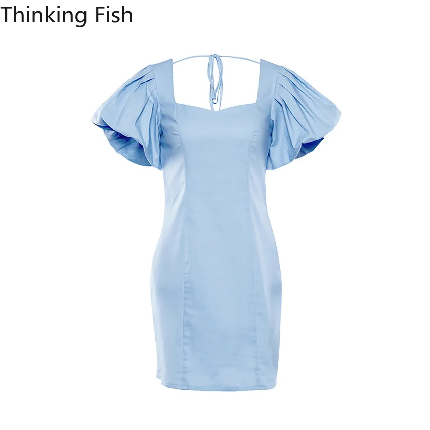 

Summer French dress to restore ancient ways hubble-bubble sleeve blue cotton dress is elegant and sexy new mini party dress