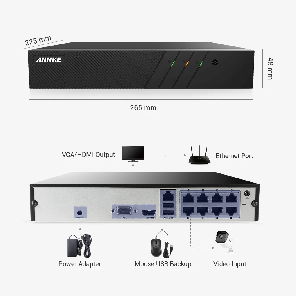 Сетевая Видеосистема ANNKE 8 каналов 2 МП Ultra FHD POE 6 H.265 сетевой видеорегистратор с 8x2 30