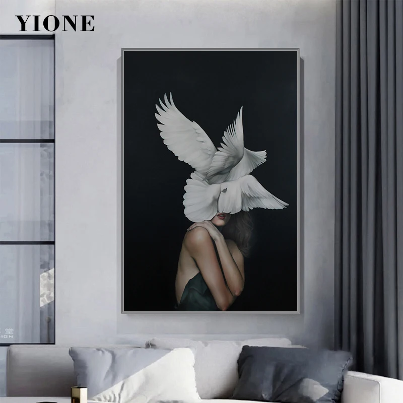 

Feather Flower Woman Canvas Paintings Abstract Modern Figure Art Posters and Prints Wall Pictures for Living Room Bedroom Decor