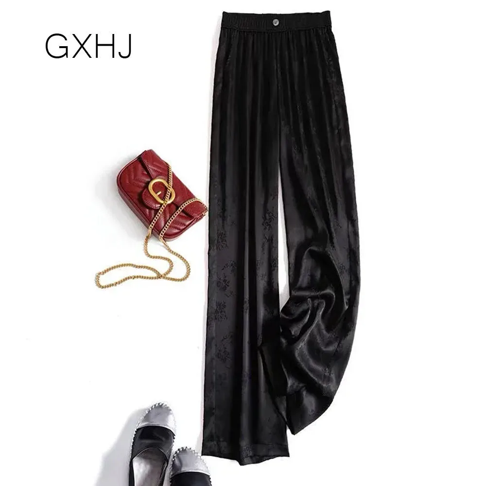 

GXHJ 4XL Women pant Ladies printed wide-leg pants fake silk fabric elegant mopping Cool and soft trousers LHJ584