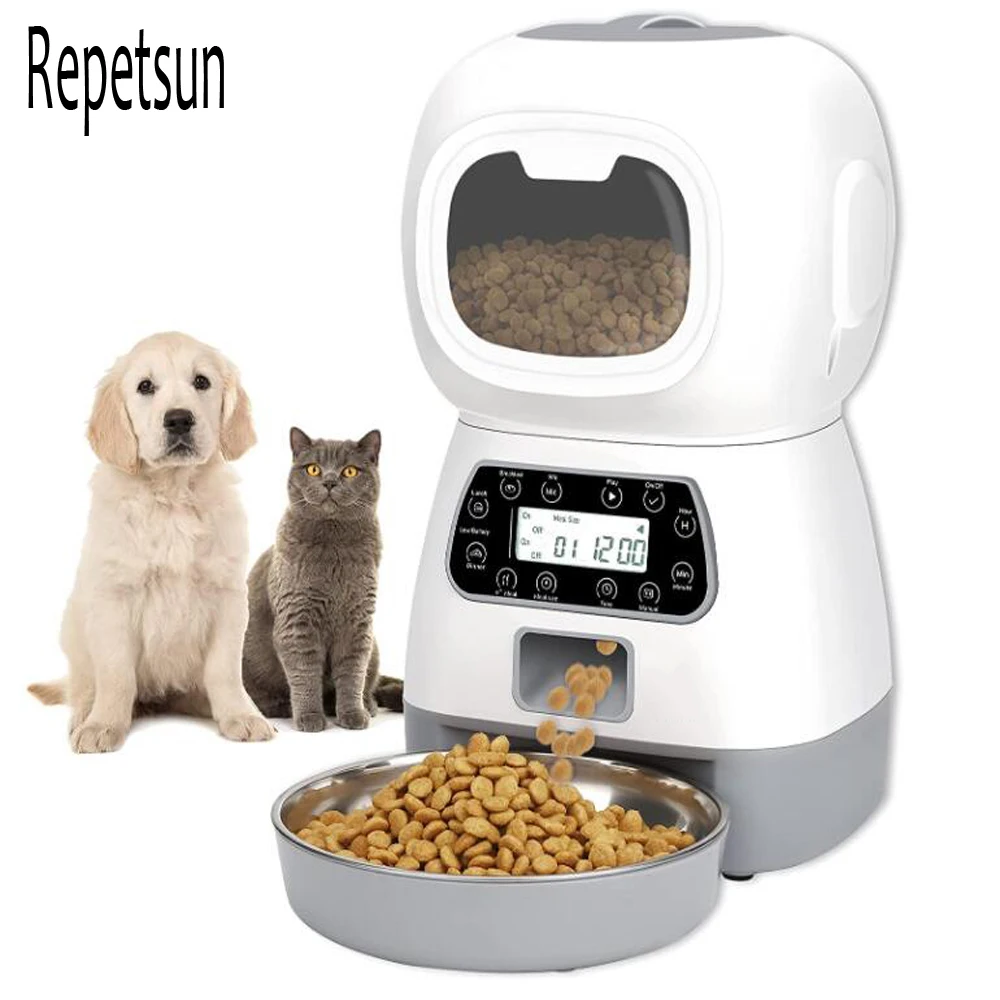Alimentador autom&aacute;tico para mascotas, dispensador de Comida inteligente para gatos y perros, taz&oacute;n de acero inoxidable con temporizador, suministros para mascotas, 3,5 l-0