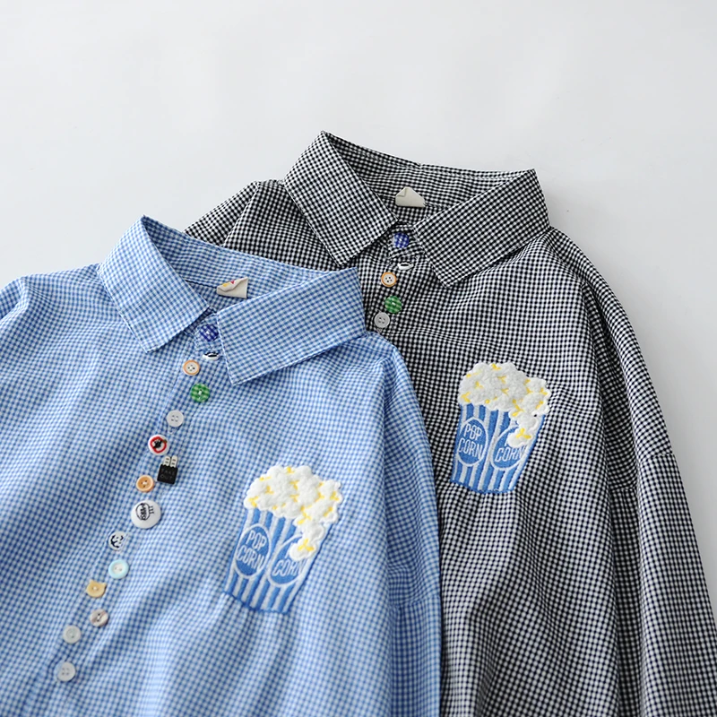 Хлопковая рубашка с длинными рукавами и пуговицами вышитым мультяшным