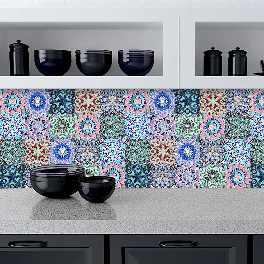 

10p PVC Self Adhesive WallPaper Furniture Renovation Wall Stickers Color Mandala Waterproof Tile Cabinet For kitchen Bathroom