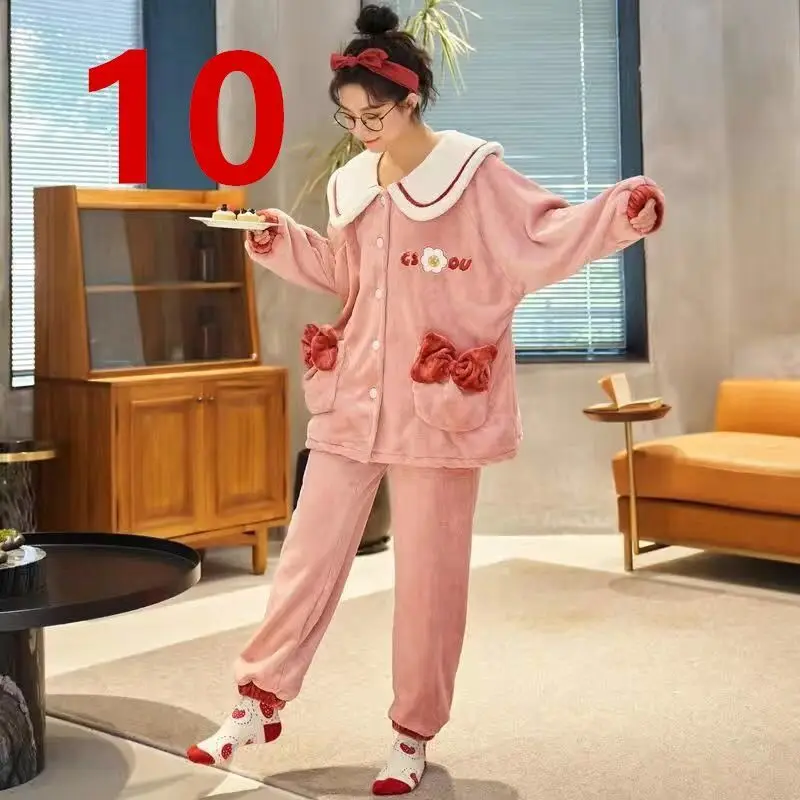 Pajamas Thickened Facecloth Female Winter Version of Cute Can Wear Outside The Spring Autumn Coral Velvet Home Furnishing Suit