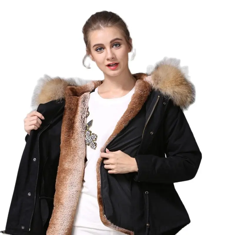 Mhnkro New Arrival Black Detachable Fur Parka Natural Faux Rex Rabbit Lined Winter Huge Fur Collar High Quality Design