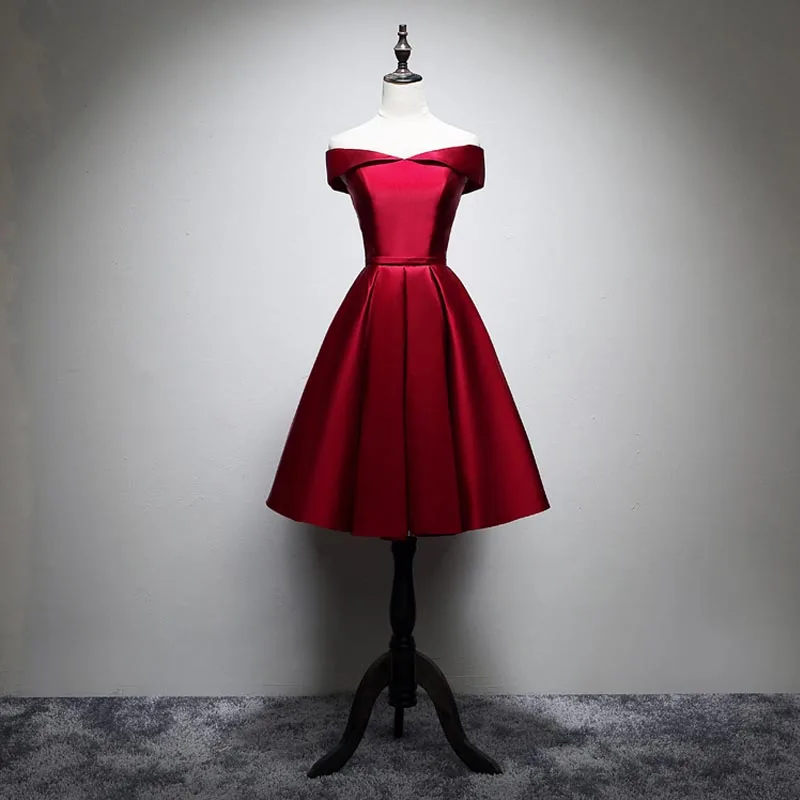 

Женское атласное платье А-силуэта, Бордовое платье с коротким рукавом, вырезом лодочкой, шнуровкой, длиной до колена, для особых случаев, E1188