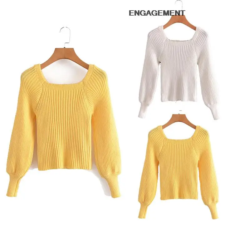 

ENGAGEMENT za 2021 female Elegant Square Neck Long Sleeve Knitted Sweater Autumn women Slim Solid Color Top