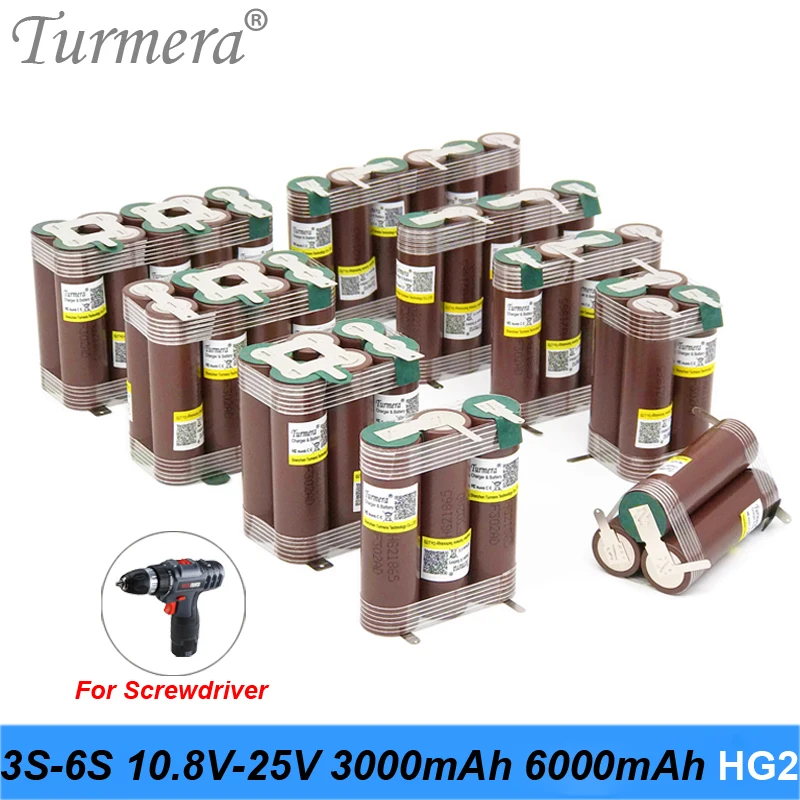 Turmera-batería de litio 3S 4S 6S 18650 HG2, 3000mAh, 6000mAh, 30A, soldadura para destornillador de 10,8 V, 12V, 16,8 V, 18V, 21V, 25V
