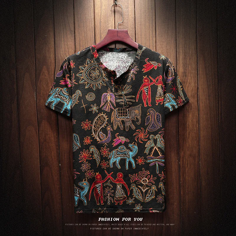 Summer Men Cotton Linen Short Sleeve T-shirt Chinese Traditional Clothing Ethnic 3D Print Oriental Totem Tees Male Hip Hop Tops - Цвет: Color2