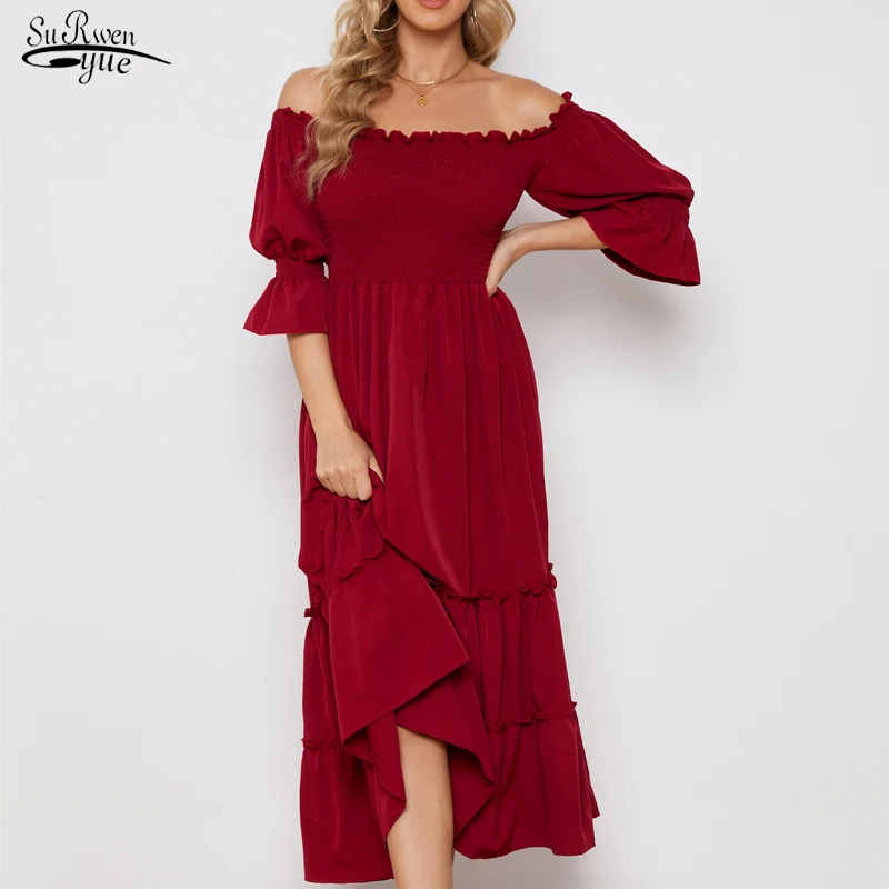 

New Elegant Slash Neck Party Dress Europe and America Red Long Dress for Women High Waist Boho Dress Robe Femme 18257