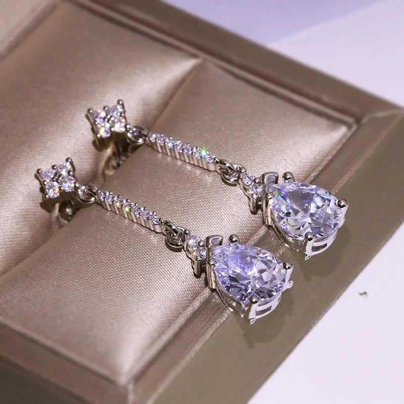 Милые длинные серебряные серьги цепочки с украшением из циркония для женщин