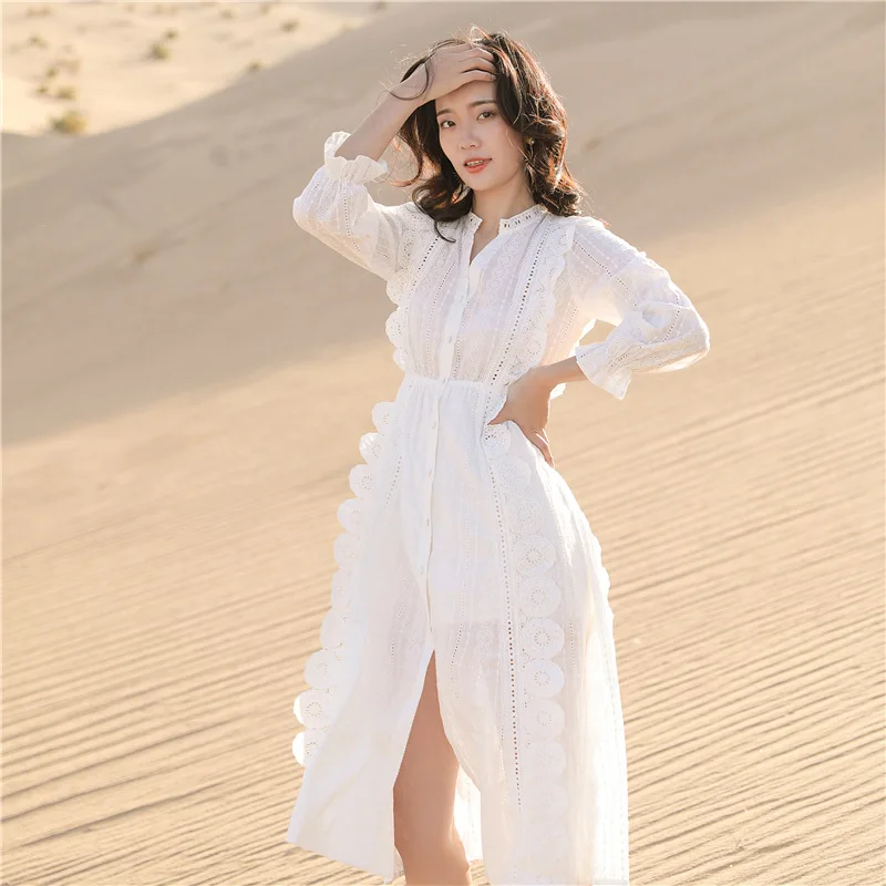 

Sexy V Neck Long Sleeve Lace White Dress Floral Embroidery Cotton Beach Dress Casual Loose Party Dresses Women Evening Elegant
