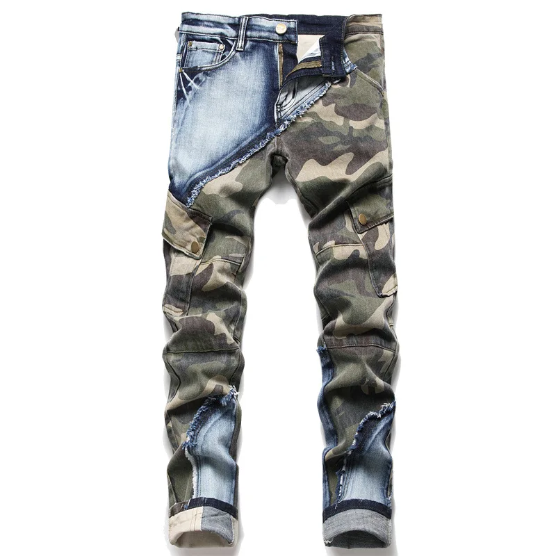 

Men's new stretch camouflage stitching color matching slim jeans foreign trade mid-waist pants wholesale