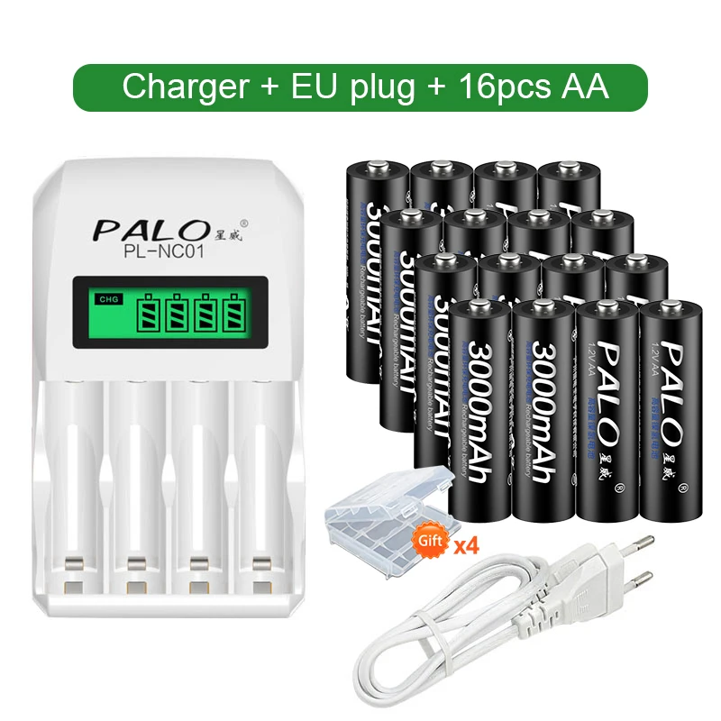 PALO 16 шт. AA Аккумуляторная батарея 3000 мАч 1 2 в Ni MH + LCD зарядное устройство для 1.2В CD AAA