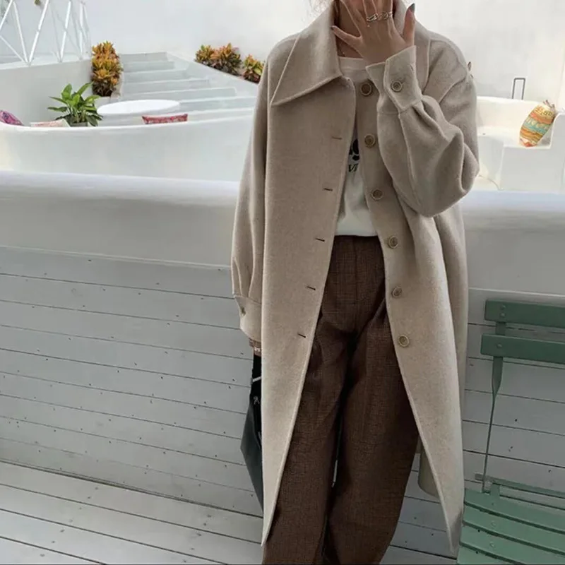 

Korean Style 2021 classic Women long Real Cashmere double face Wool Outerwear Ladies oversized hooded coats 1392