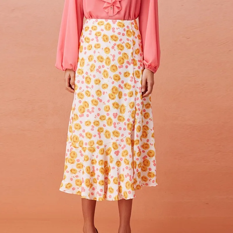 

Women's Lace-up Blouse or Skirts Floral Printed V-neck Wrapped Puff Sleeve Backless Shirt High Waist Split Midi Skirts Lady Set