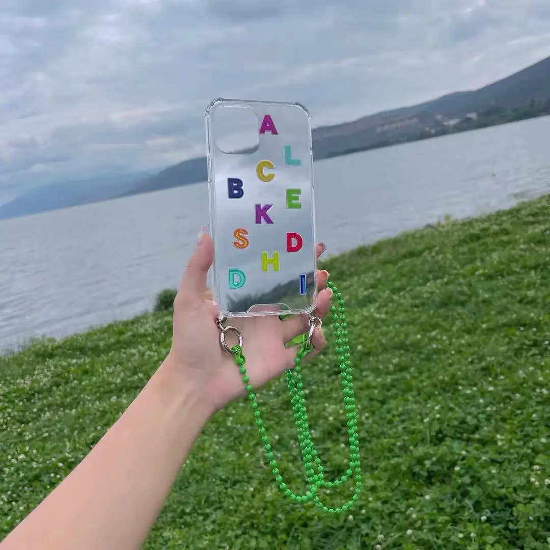 

Новые зеркальные буквы подходят для iphone11promax, антиосенняя цепочка из нержавеющей стали с бусинами, зеленая ins wind 12pro
