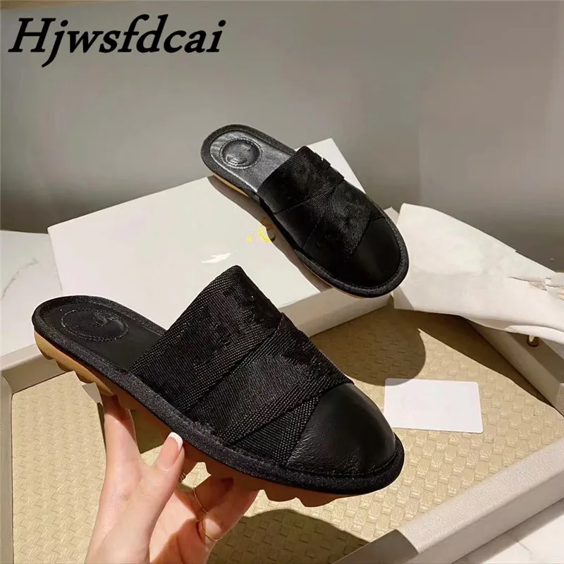 

Hjwsfdcai Hot Selling New Women's Cover Toe Slippers Designer Brand Letters Canvas Mules 2021 Summer Casual Beach Outdoor Shoes