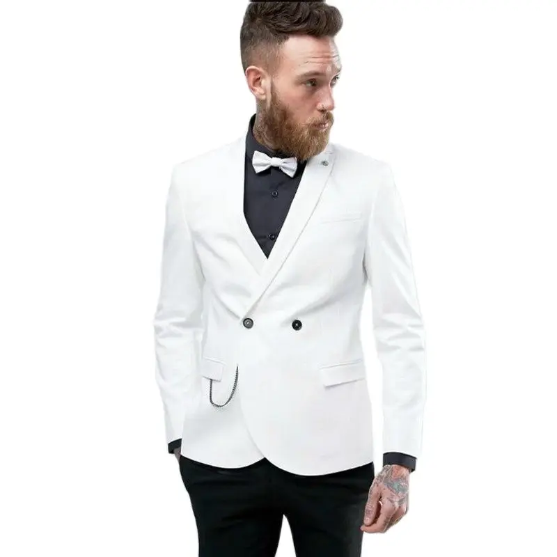 

White Prom Suits for Mens Slim Fit with Double Breasted Handsome Boyfriend Wedding Groom Tuxedo Custom 2 Piece Jacket Black Pant