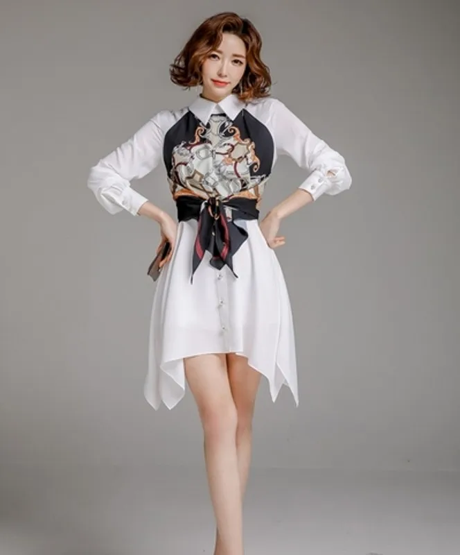 

Korean version of the lapel printed single-breasted shirt dress 2021 office ladies party elegant casual series dress