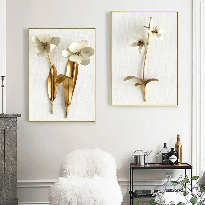Nordic Золотые листья белые цветы фотографии холст картины стены искусства