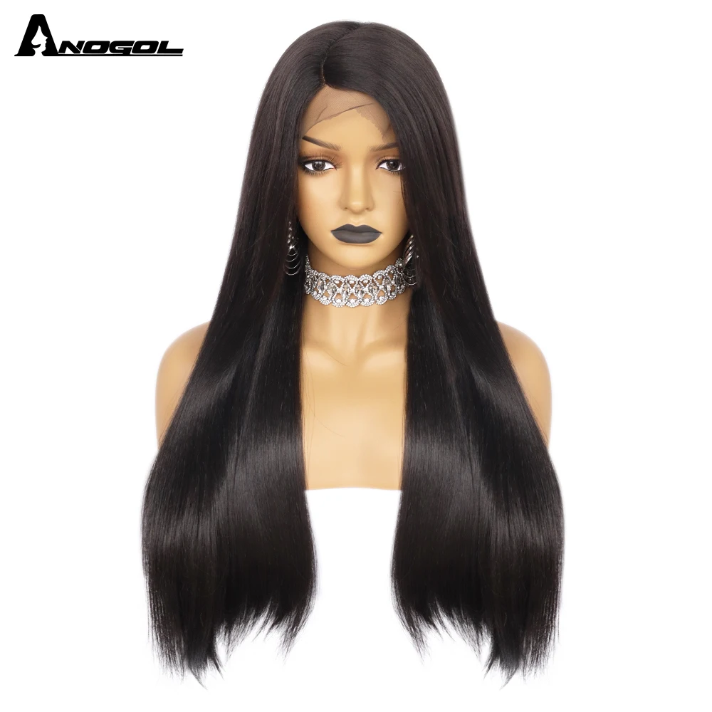 Anogol Heat Resistant Hair Black Color Straight Futura Lace Front Wig Japanese Fiber Wig Heat Resistant Wig