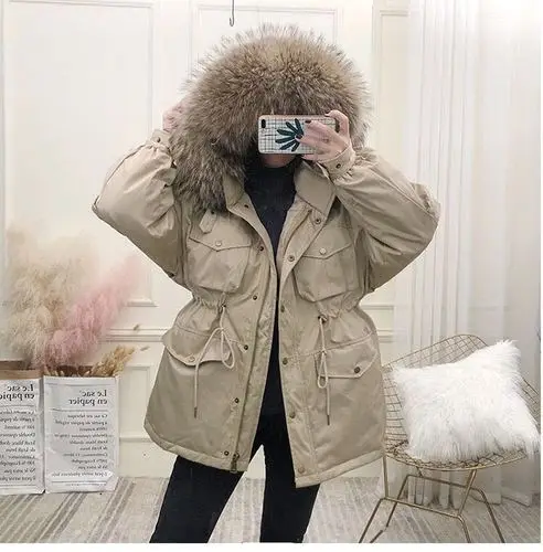 Khaki-Brown Fur AYUNSUE/белая куртка-пуховик для женщин, корейское зимнее пальто, женское пуховое пальто, куртка-пуховик с воротником из меха енота и собаки YY1518 - Цвет: Khaki-Brown Fur