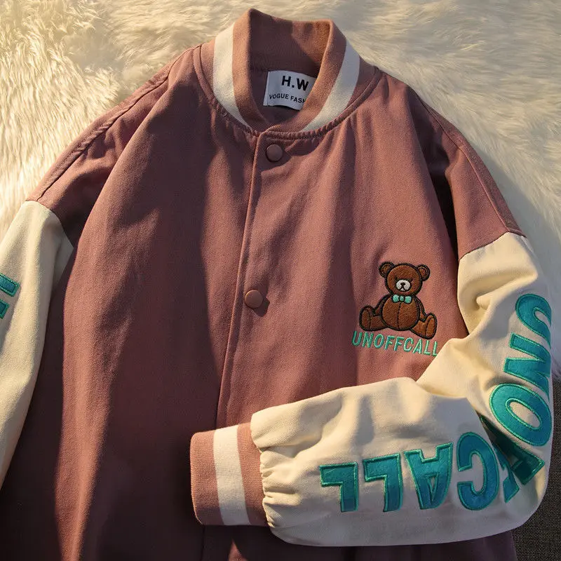 

Fashion Hip Hop Patchwork Funny Bear Embroidery Jackets Boys Harajuku Streetwear Bomber Jacket Men Baseball Coats Unisex Boys