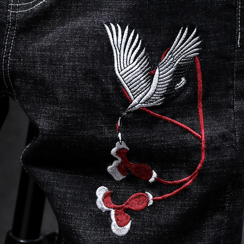 Мужские прямые джинсы в стиле хип-хоп китайские облегающие байкерские с вышитой