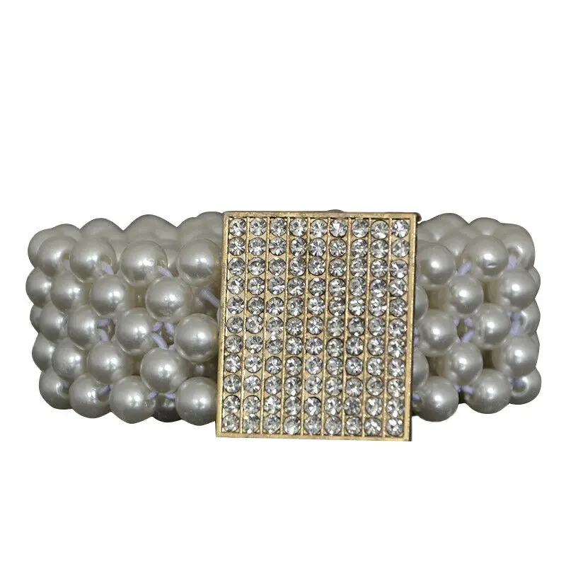 

1PC Elegant Women Pearl Belt Waist Belt Elastic Buckle Pearl Chain Belt Girls Crystal Strap Rhinestone Waist Chain Crystal Belt