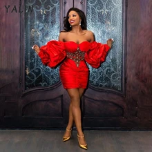 YALIN-Vestido corto de fiesta rojo sin tirantes, Sexy, con cuentas, mangas abullonadas, longitud Mini, talla grande, para cóctel