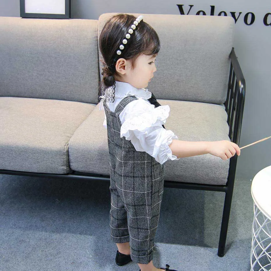 Baby Clothes Lace White Shirt + Jumpsuit 2 Pcs Girls Outfits Plaid Overalls Spring Autumn Formal Suit For | Детская одежда и обувь