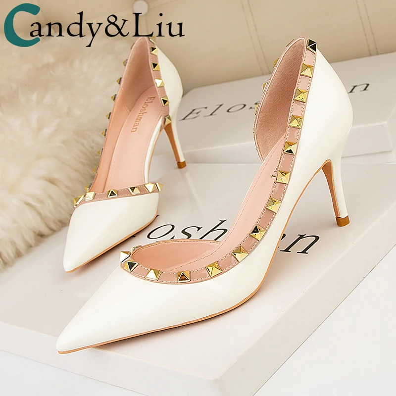 

Korean Fashion V-riveting Nail Thin Heeled High Heels Slim Shallow Mouth Pointed Sexy Side Hollow Women's Shoes