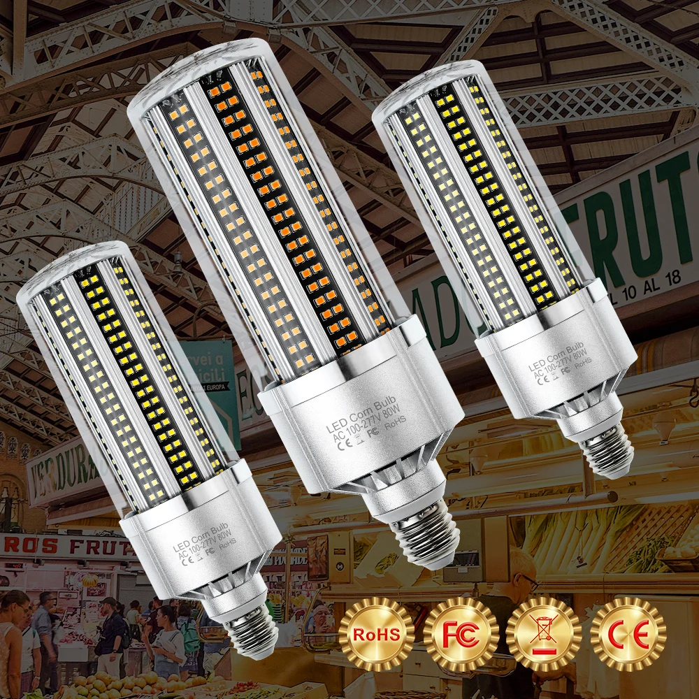 

110V LED Fan Corn Bulb 220V High Power Lamp E27 LED Light 80 100 120 150 200W No Flicker Bombilla Workshop Warehouse Lighting